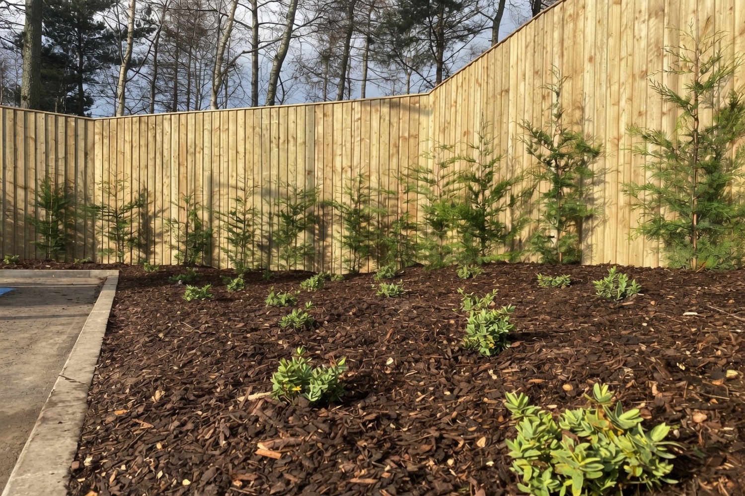 Raised flower beds dressed with bark mulch