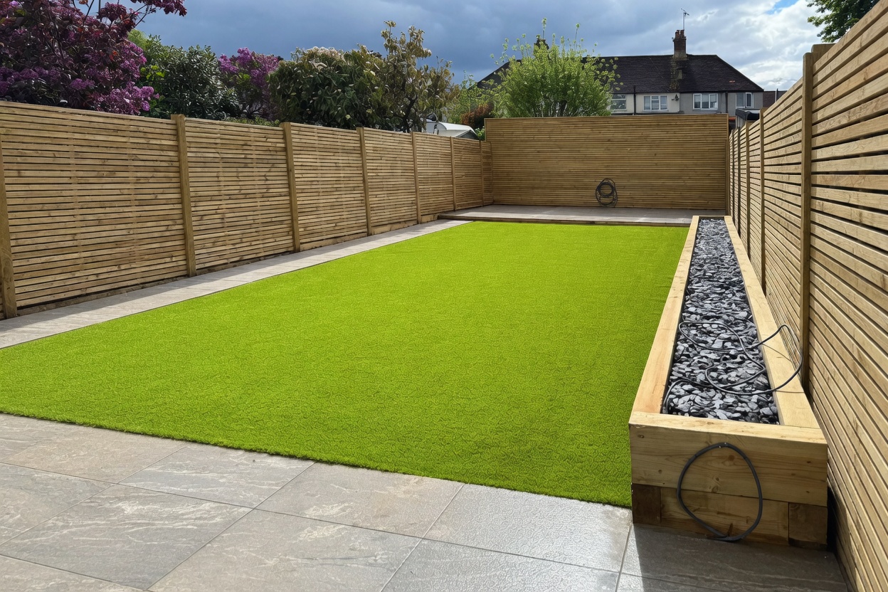 Completed rear garden — artificial turf, slatted fencing, slate-dressed sleeper bed and porcelain patio