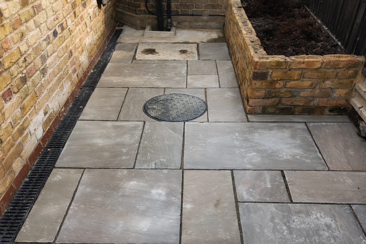 Sandstone-paved side return with linear drainage channel and rebated manhole cover