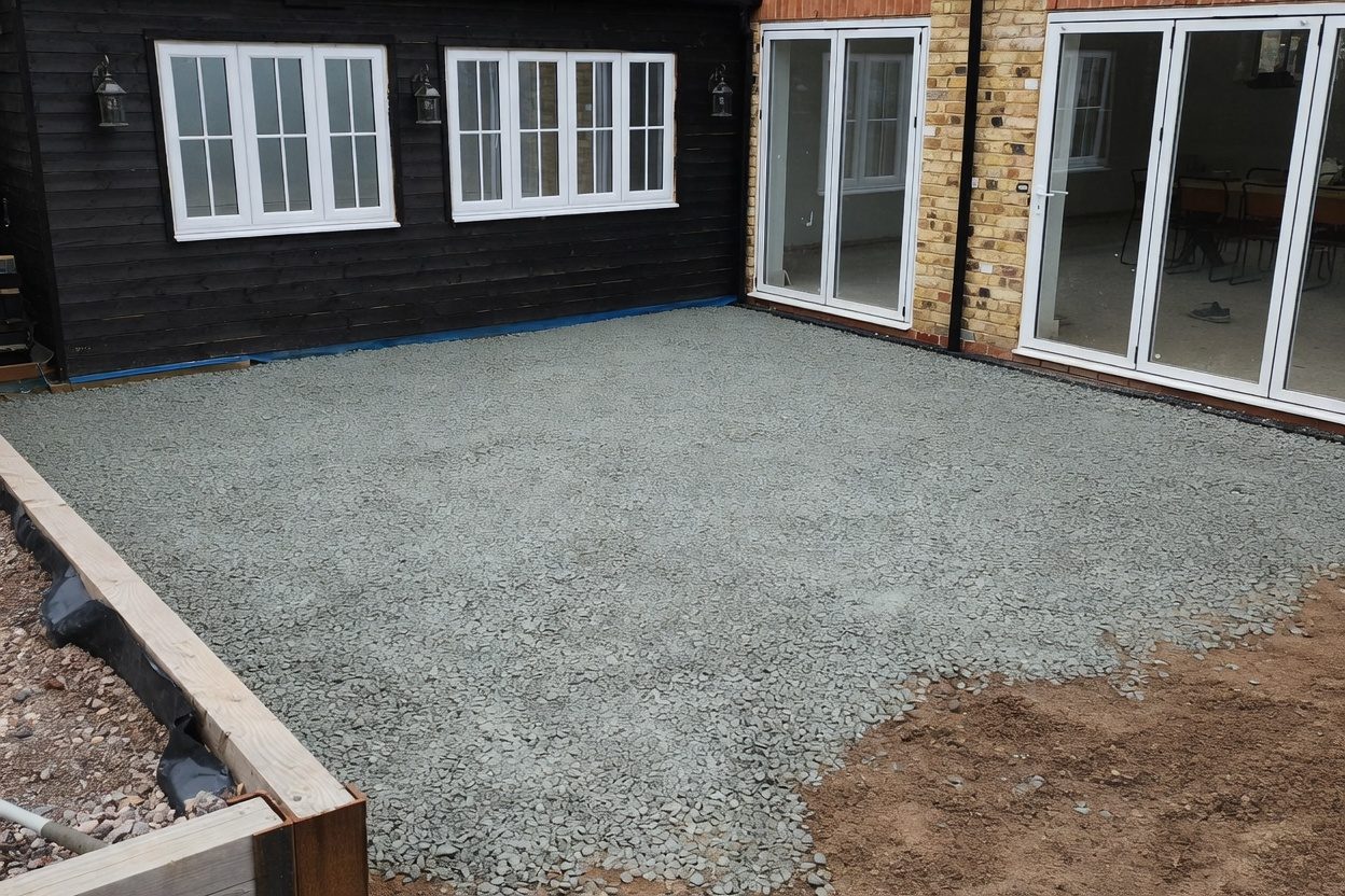 Compacted sub-base laid and timber edge formers in place, ready for slabs
