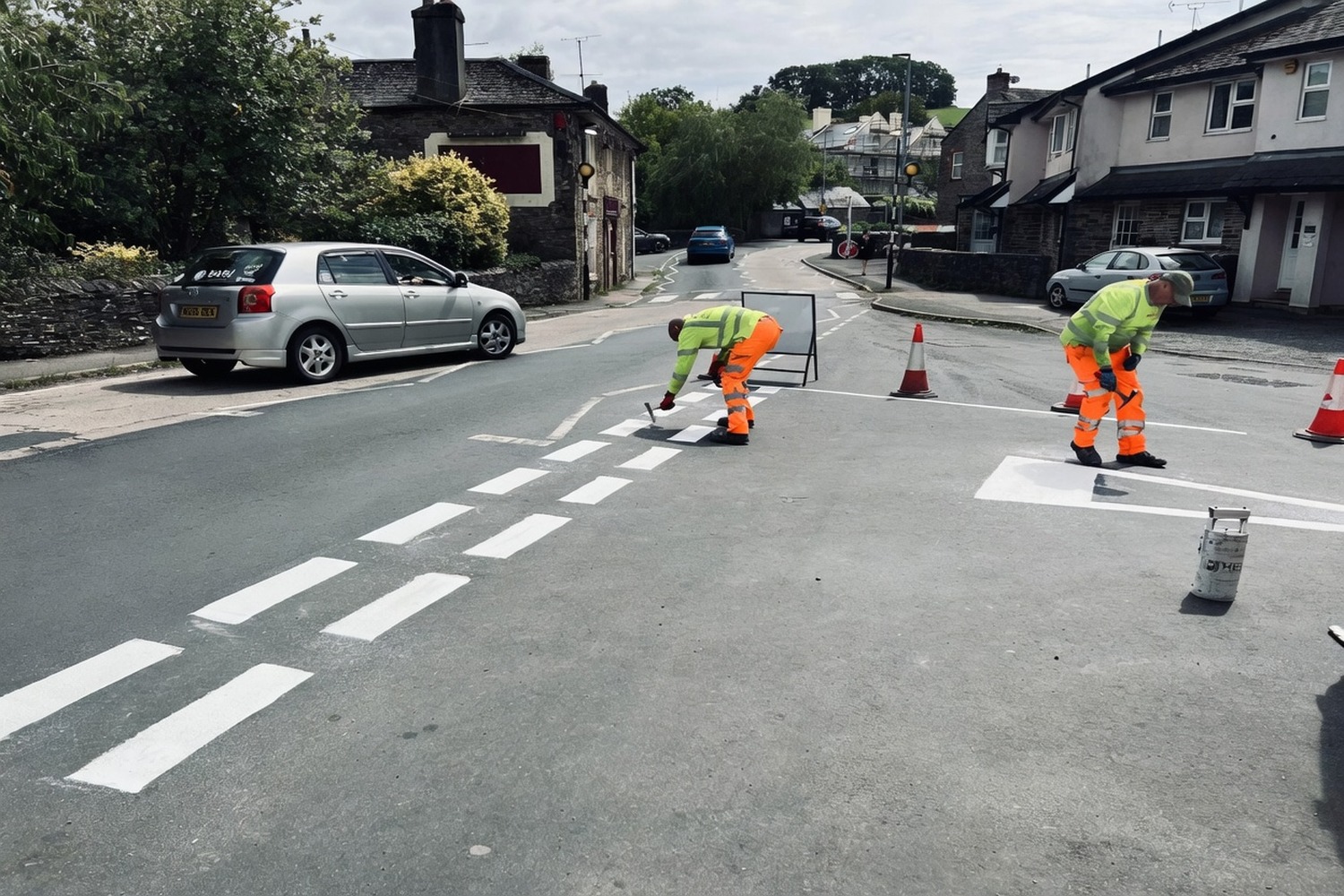 Operatives applying line markings on a road surface