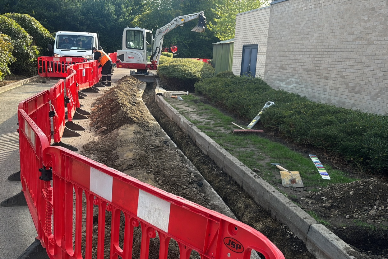 Open trench with JSP safety barriers and mini-excavator