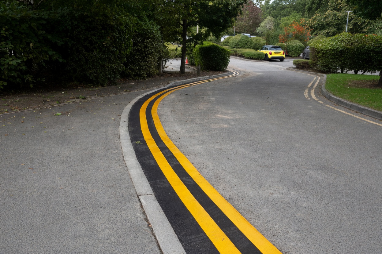 Finished reinstatement — fresh tarmac strip and double yellow lines following the kerb