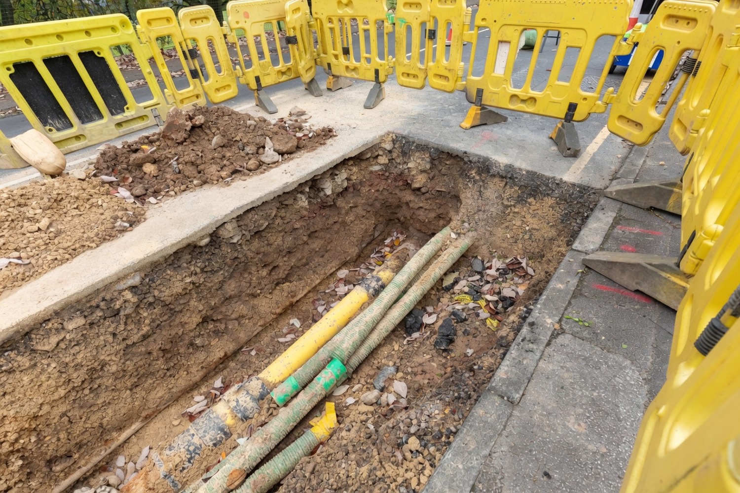 Open trench with yellow Chapter 8 barriers showing exposed gas and water service pipes