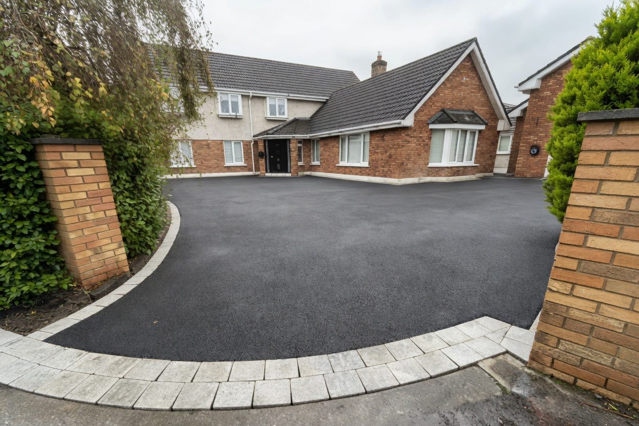 Freshly laid tarmac driveway with curved block-paved kerb and brick gate piers, North London